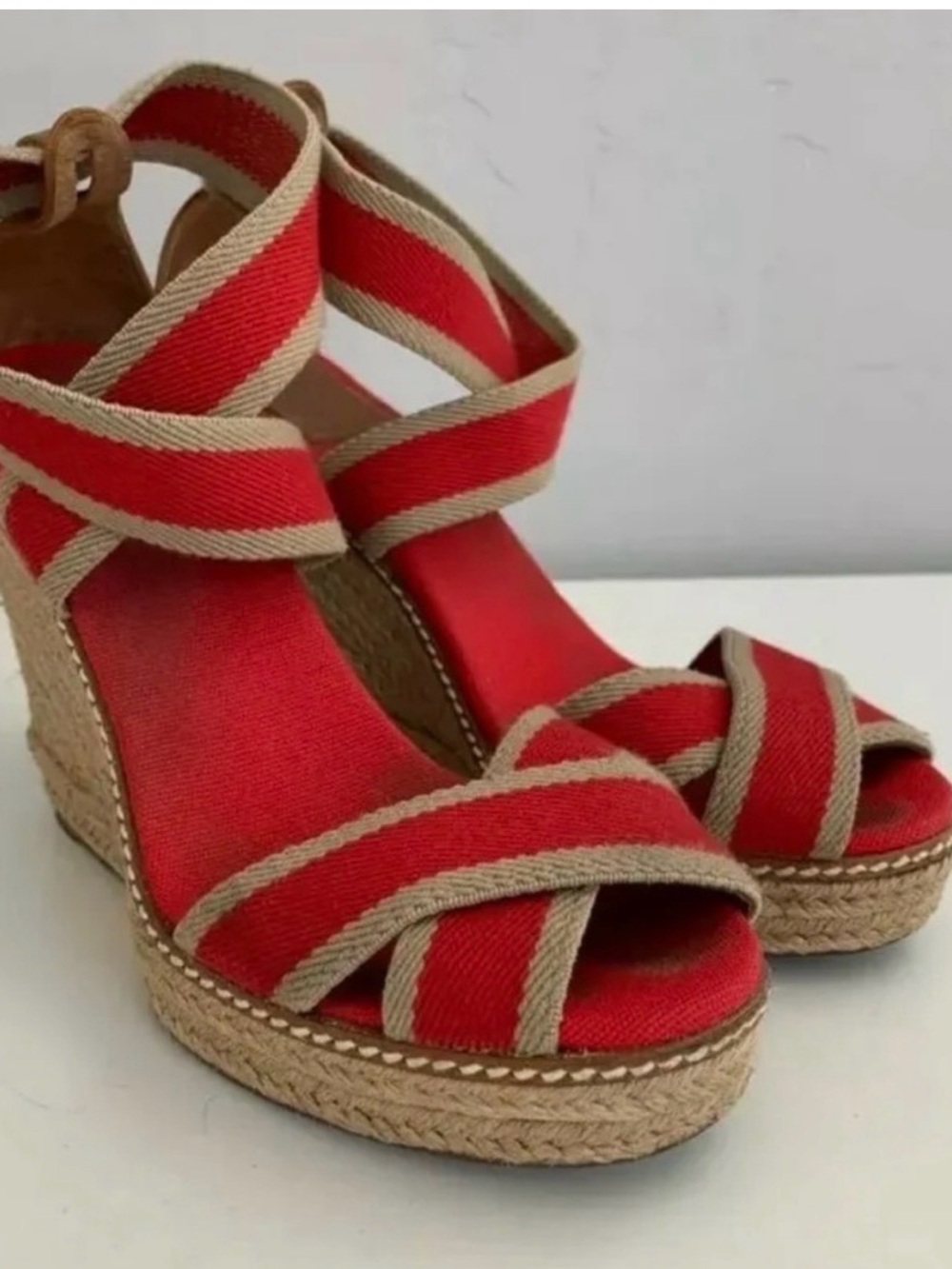 Tory Burch Adonis Rope Red and Beige Espadrille Platform Wedge Sandals - Size 9